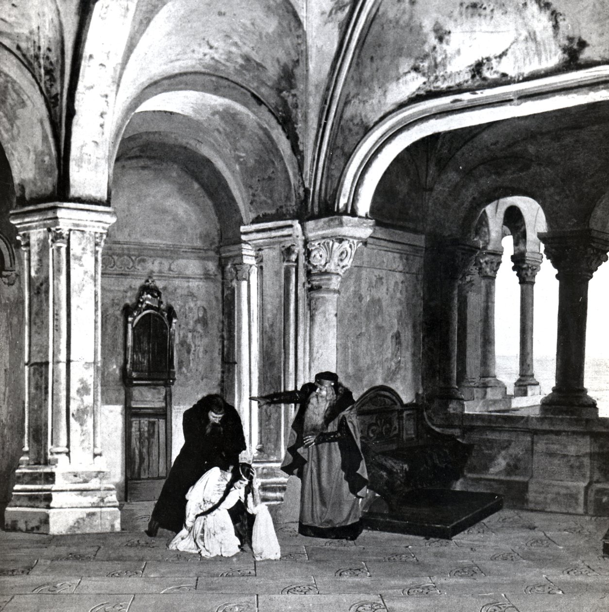 第四幕，德布西的Pelleas et Melisande场景2，1902年4月在巴黎歌剧院合唱的第一部作品的照片，1902年6月剧院杂志的插图（l 作者 法语学校