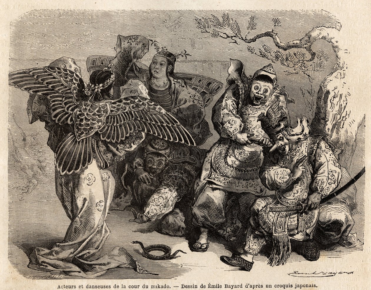 身着舞台服装的天皇宫廷演员和舞者。1863-1864 年，瑞士联邦部长艾梅-亨伯（Aime Humbert）为日本之行绘制的插图。 作者 法语学校