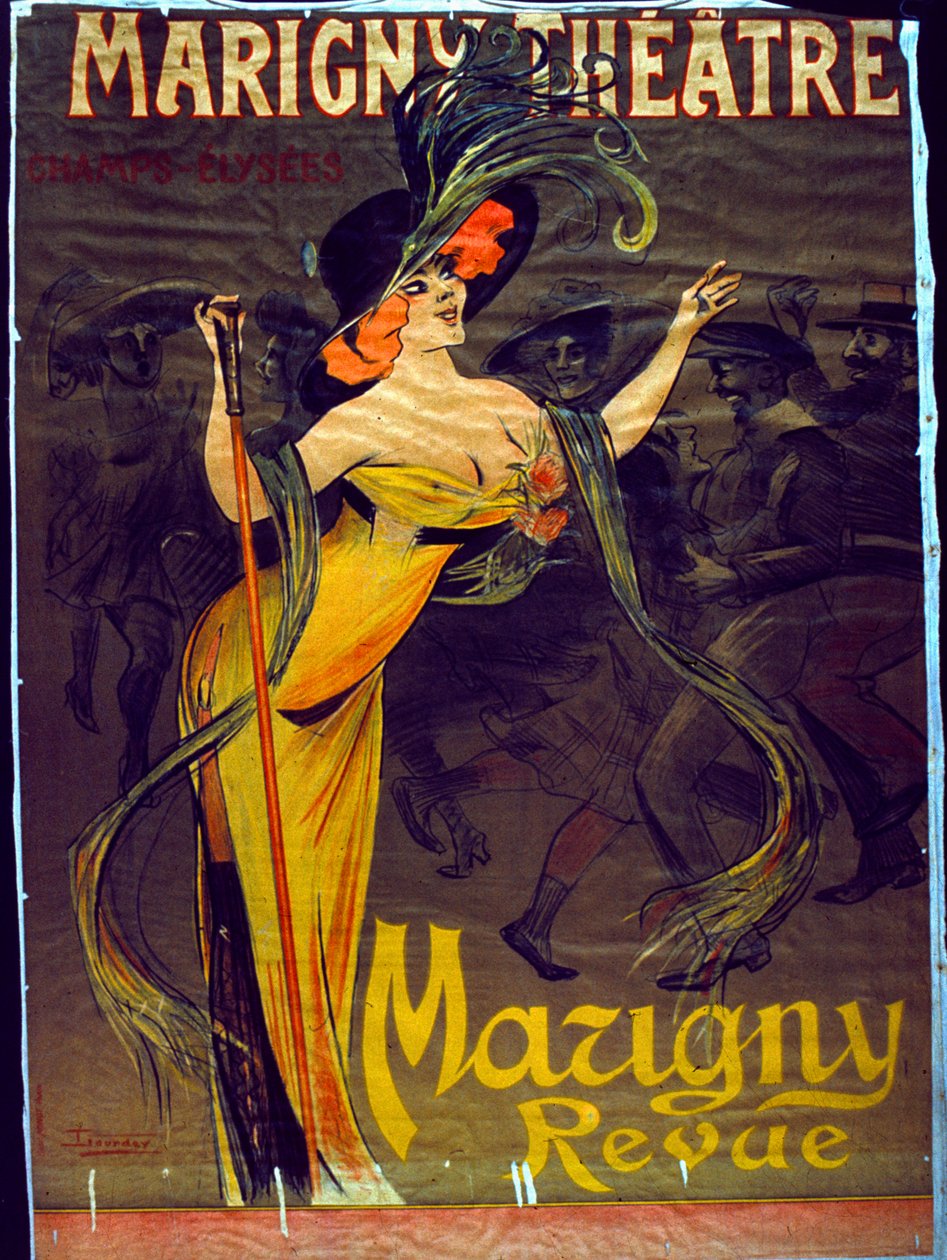 在巴黎 Marigny 剧院上演的 Mazigny Revue 广告（彩色石版画） 作者 法语学校