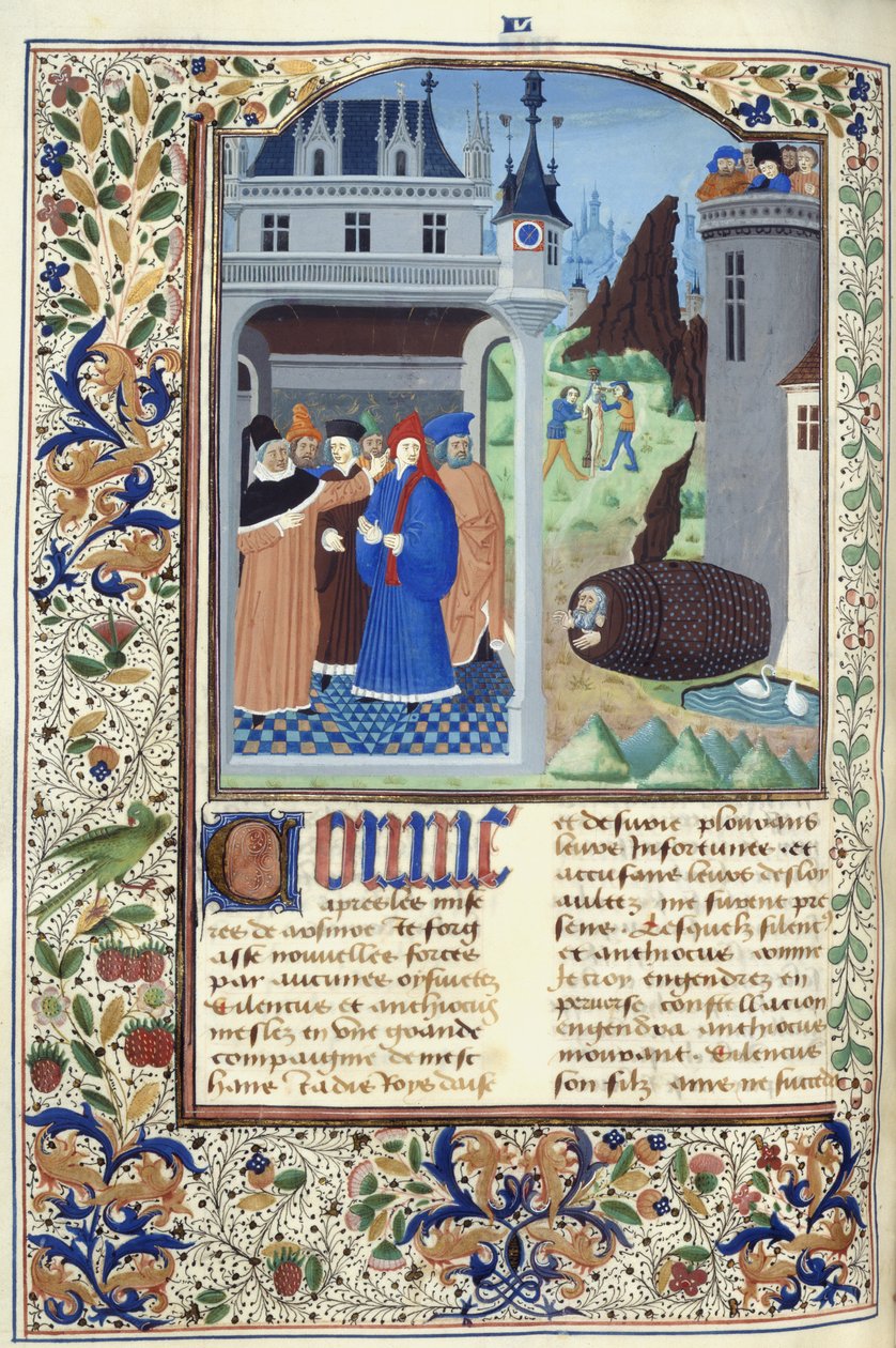 Add. 11696, f.136v Boccaccio observing torture, from 