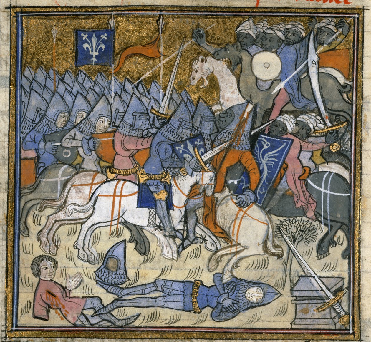 加页。15269，f.124v 十字军与撒拉逊人的战斗，插图选自 "Chroniques de France ou de St Denys"（牛皮纸上的墨水、彩色和金色）。 作者 法语学校