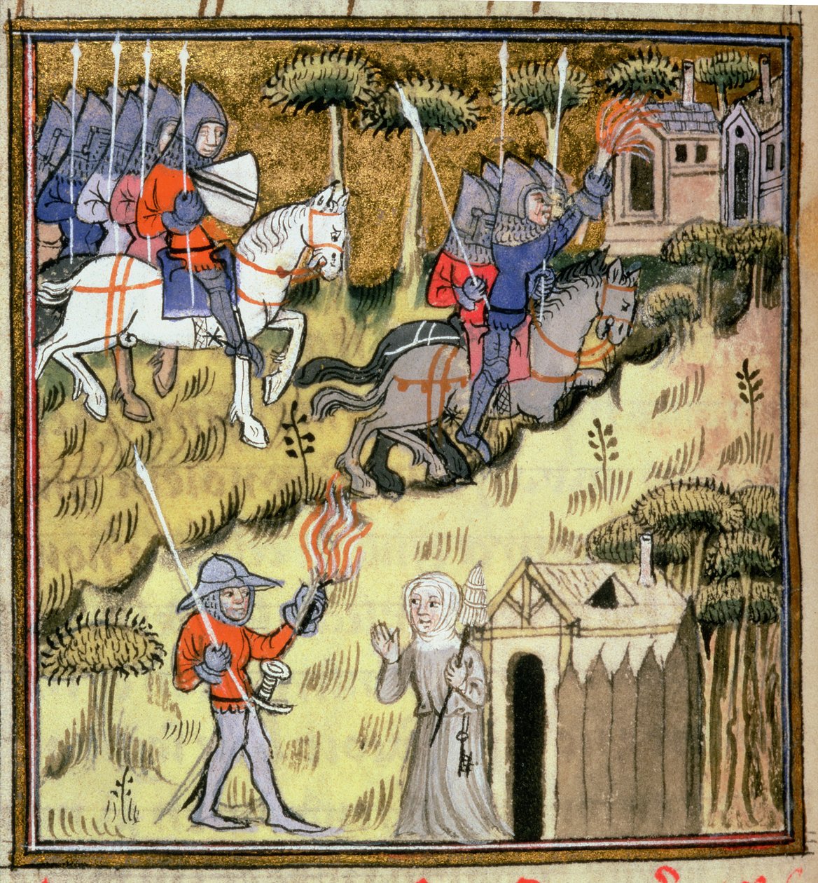 添加 15269 f.178v 骑兵用燃烧的火把照亮建筑物；一位修女保护修道院免受士兵袭击，约 1380 年 作者 法语学校