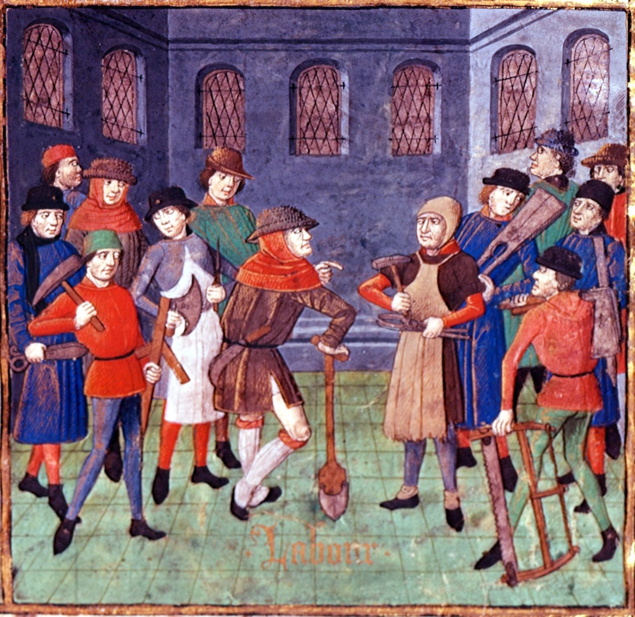 Add 18750 fol.3 拿着工具的工人，乔瓦尼-薄伽丘《Des cas des nobles hommes》中献给贝里公爵的序言细节，由 Laurent de Premierfait 翻译，约 1480 年（牛皮纸）。 作者 法语学校