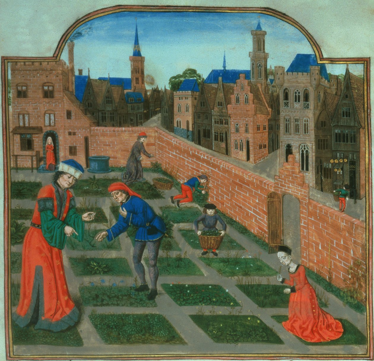 添加 19720 f.165 有围墙的城市花园，选自 Pietro de Crescenzi（1230-1320 年）的《Livre des Profits Ruraux》（牛皮纸）。 作者 法语学校