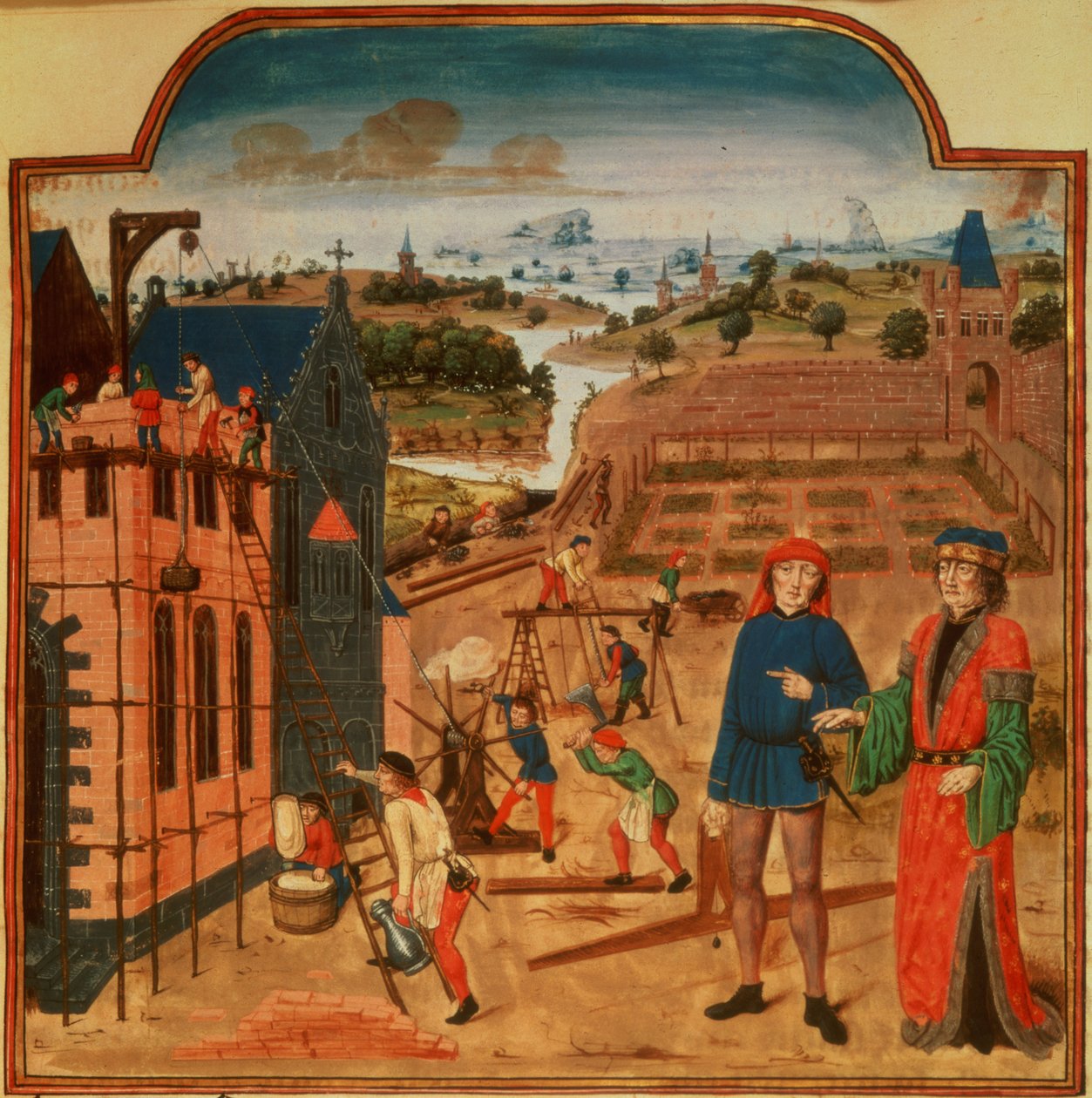 添加 19720 f.27 建造花园洋房，背景为正规花园和风景，选自 Pietro de Crescenzi（1230-1320/1）的 Livre des Prouffits Champetres et Ruraulx（牛皮纸）。 作者 法语学校