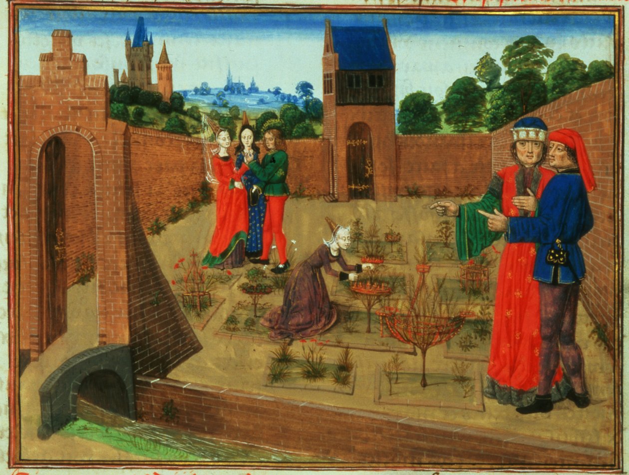 添加 19720 fol.214 有围墙的花园，一位妇女在园艺，其他人在闲聊，选自 Pietro de Crescenzi（1230-1320 年）的 Livre des Prouffits Champetres et Ruraulx（牛皮纸）。 作者 法语学校