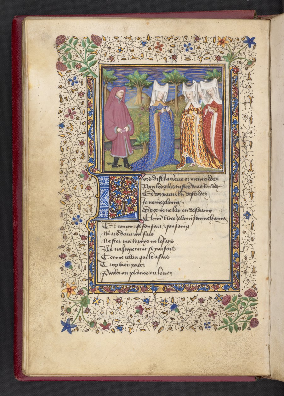 添加 MS 21247 f.40v 一位绅士和三位女士，选自 Alain Chartier 的《Le livre des quatre dames》（牛皮纸上的墨水、彩色和金色）。 作者 法语学校