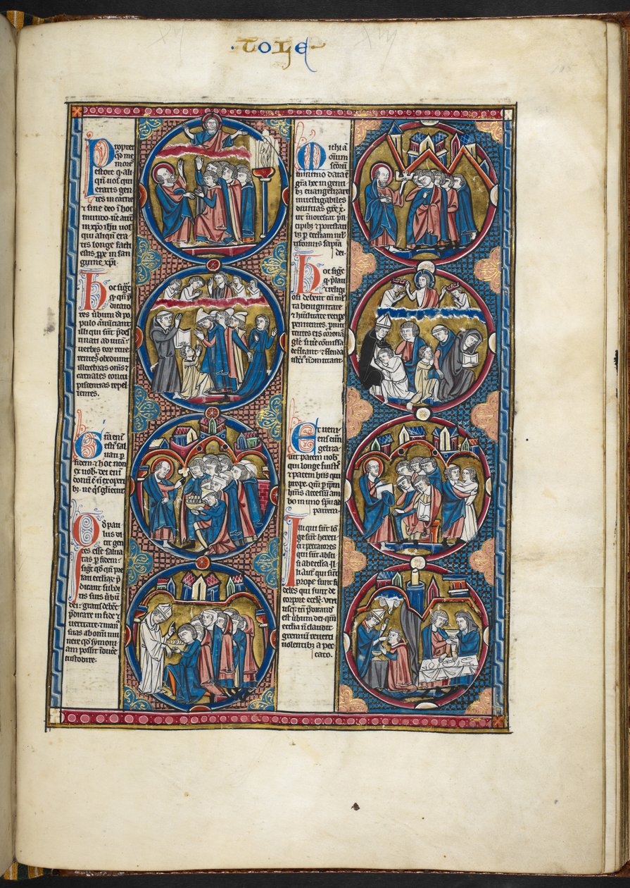 添加 MS Harley 1527，f.105r，《圣经》moralisée（牛皮纸）的缩影 作者 法语学校