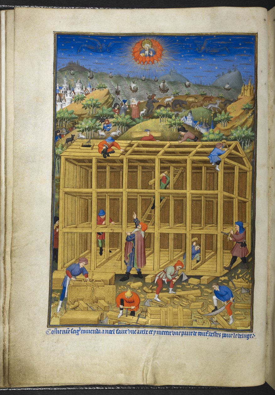 添加 Ms 18850 f.15v，《诺亚方舟的建造》，选自《时间之书》（《贝德福德时间》），约 1410-30 年（牛皮纸上的墨水、彩色和金色）。 作者 法语学校