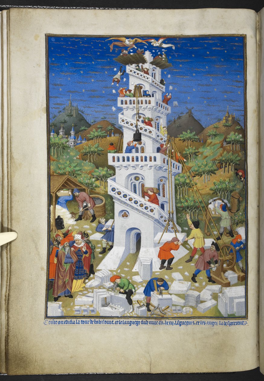 添加 Ms 18850 f.17v 《巴别塔的建造》，选自《时间之书》（The Bedford Hours），约 1410-30 年（牛皮纸上的墨水、彩色和金色）。 作者 法语学校