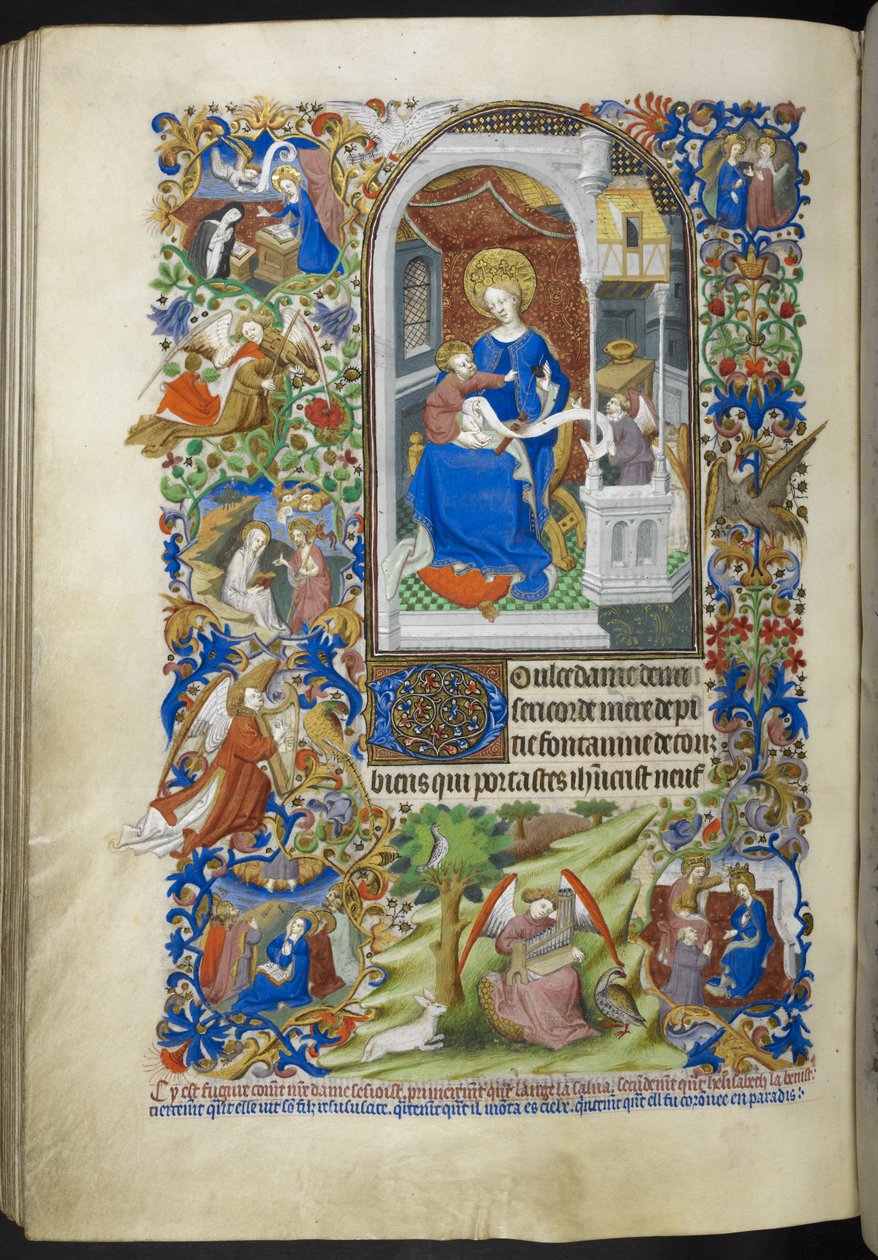 添加 Ms 18850 f.199v, Fifteen Joys of the Virgin Mary, Book of Hours (The Bedford Hours) 约 1410-30 （牛皮纸上的墨水、彩色和金色）。 作者 法语学校
