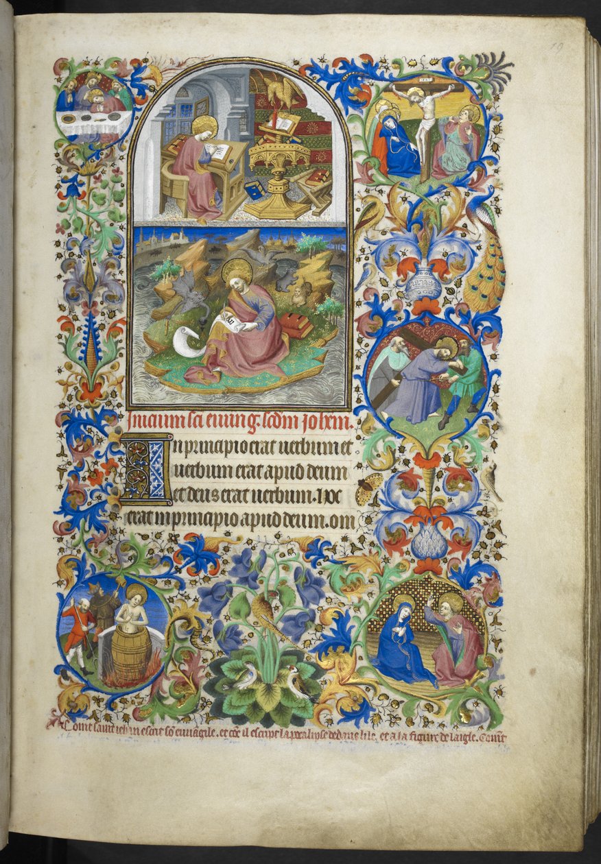 添加 Ms 18850 f.19r 福音书节选，包括约翰福音、路加福音、马太福音和马可福音的节选，选自约 1410-30 年的小时书（《贝德福德小时书》）（牛皮纸上的墨水、彩色和金色）。 作者 法语学校