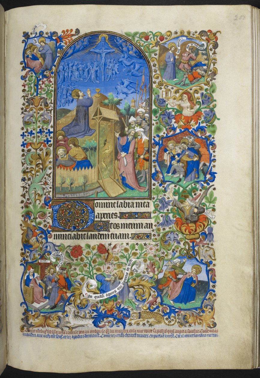 添加 Ms 18850 f.208r，《受难时刻》：花园中的苦难，边框中的其他场景，选自《小时记》（《贝德福德小时记》），约 1410-30 年（牛皮纸上的墨水、彩色和金色图案） 作者 法语学校