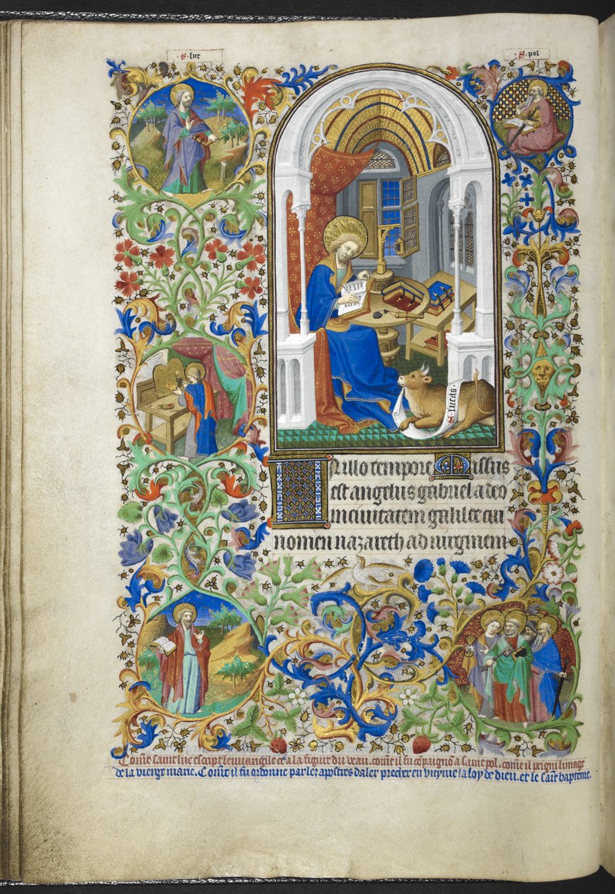 添加 Ms 18850 f.20v 《福音书作者路加》，选自《时间之书》（The Bedford Hours），约 1410-30 年（牛皮纸上的墨水、彩色和金色）。 作者 法语学校