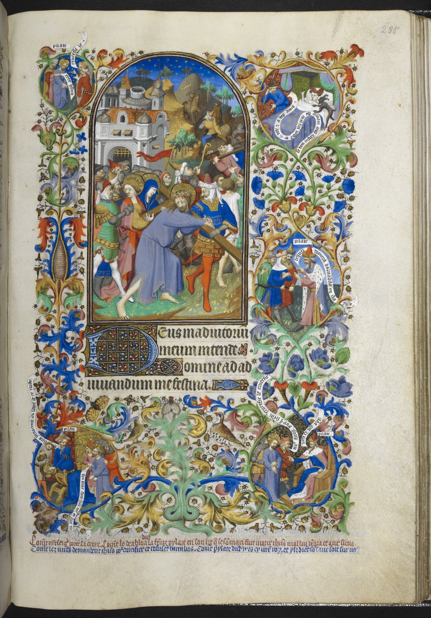 添加 Ms 18850 f.235r，《受难时刻》[之六]，基督背负十字架，选自《时刻之书》（《贝德福德时刻》），约 1410-30 年（牛皮纸上的墨水、彩色和金色）。 作者 法语学校
