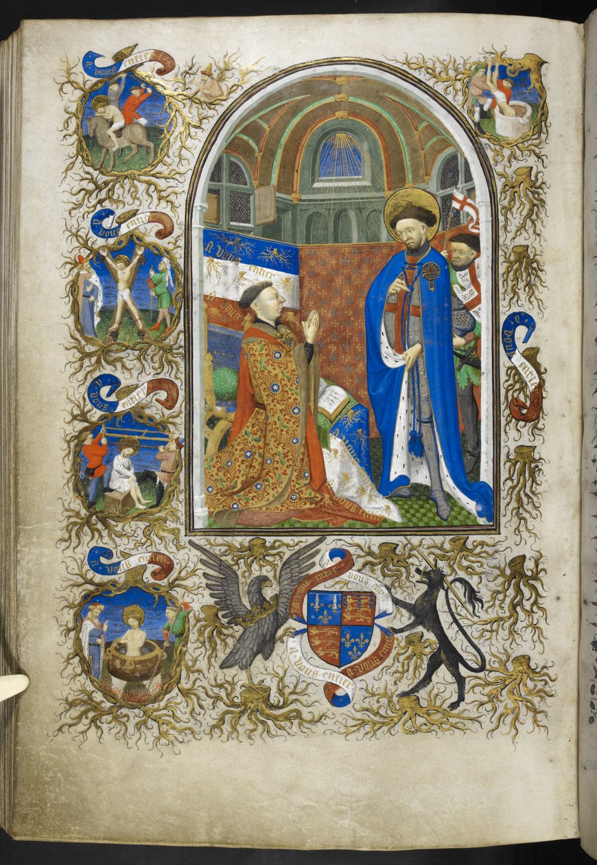 添加 Ms 18850 f.256v，圣乔治前的贝德福德公爵，选自《时间之书》（《贝德福德时间》），约 1410-30 年（牛皮纸上的墨水、彩色和金色） 作者 法语学校