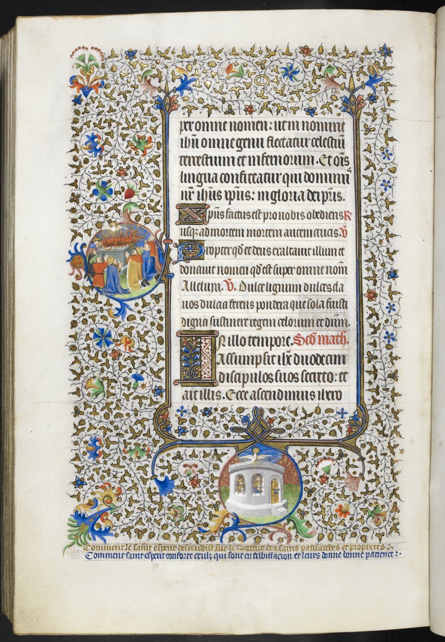 添加 Ms 18850 f.281v 《时间之书》（The Bedford Hours），约 1410-30 年（牛皮纸上的墨水、彩色和金色）。 作者 法语学校