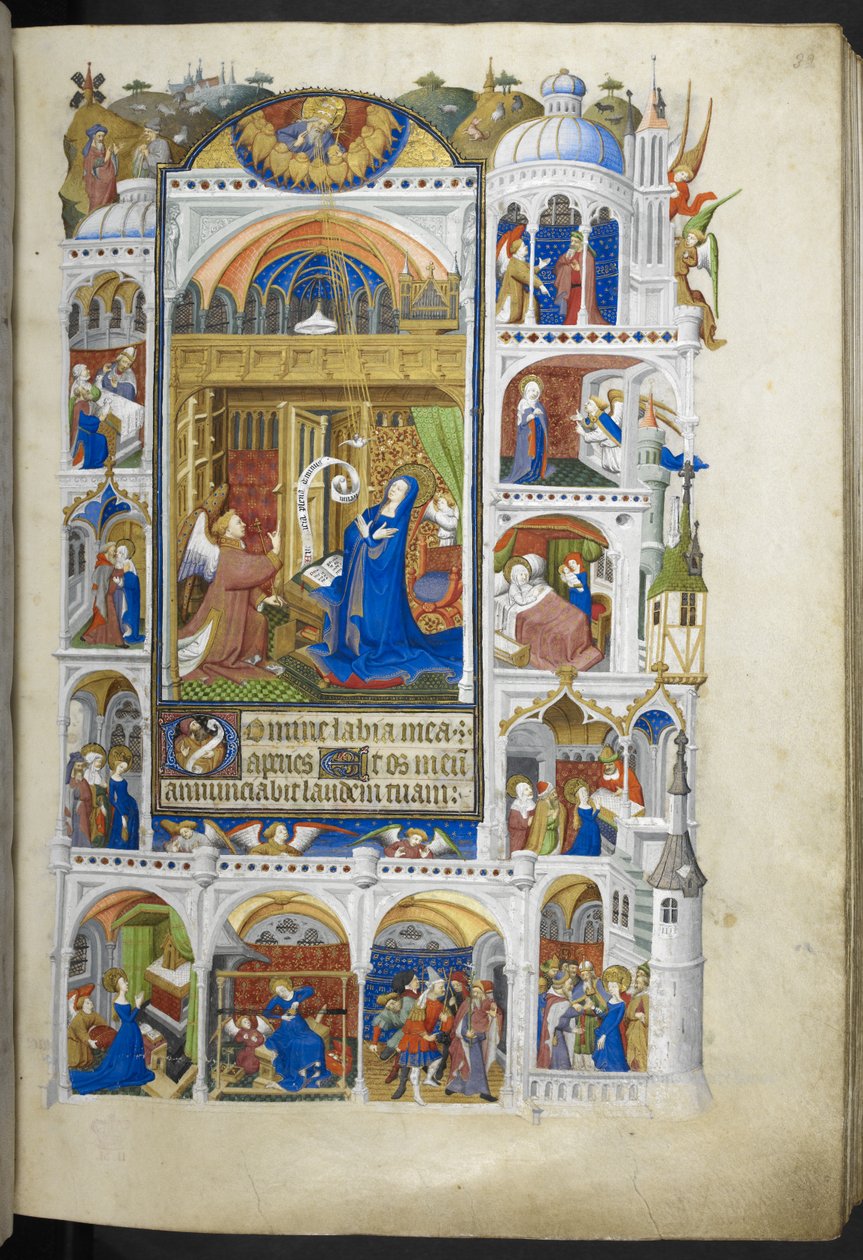 添加 Ms 18850 f.32r，《圣母领报》，选自《时间之书》（The Bedford Hours），约 1410-30 年（牛皮纸上的墨水、彩色和金色）。 作者 法语学校