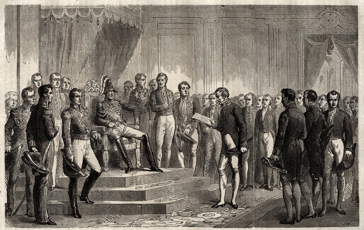 Address of the 221 - Liberal statesman Roy- Collard presents the Address du 221 - Pierre Paul Royer-Collard reading to French king Charles X the 221