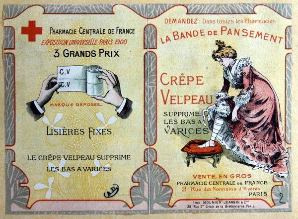 Crepe Velpeau "绷带广告，约1900年（彩色平版印刷）。 作者 法语学校