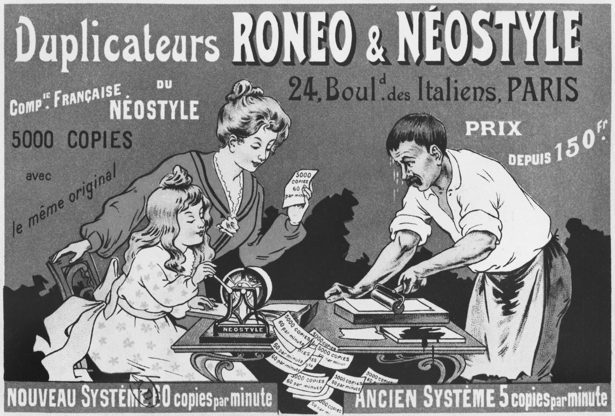 Roneo和Neostyle复制器的广告，c.1903-04 作者 法语学校