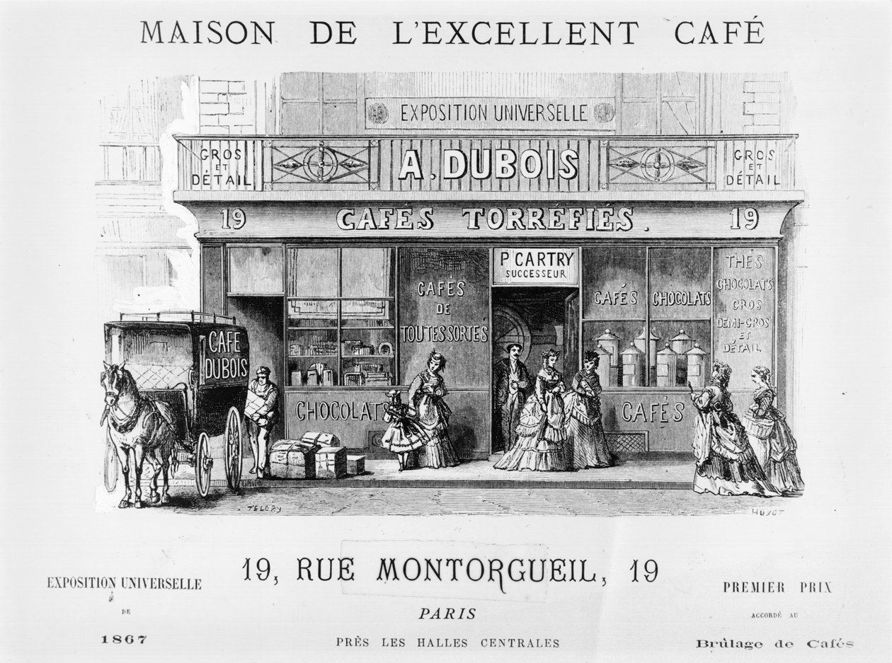 在Rue Montorgueil，巴黎，1870年为咖啡卖家做广告 作者 法语学校