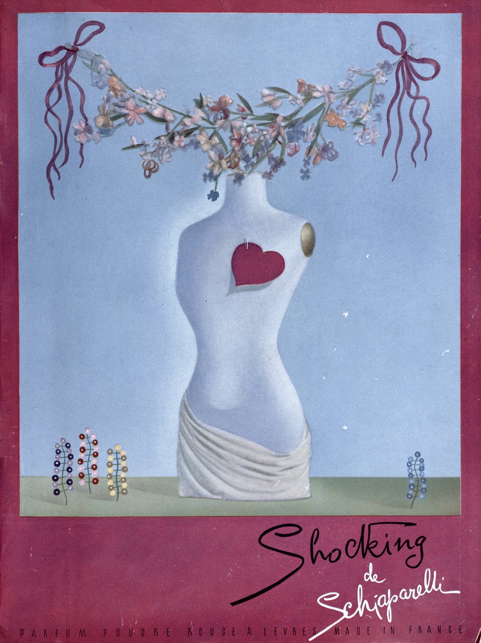 Schiaparelli 的香水 "Shocking "广告，1938 年 11 月《Vogue》杂志插图（彩色平版印刷）。 作者 法语学校