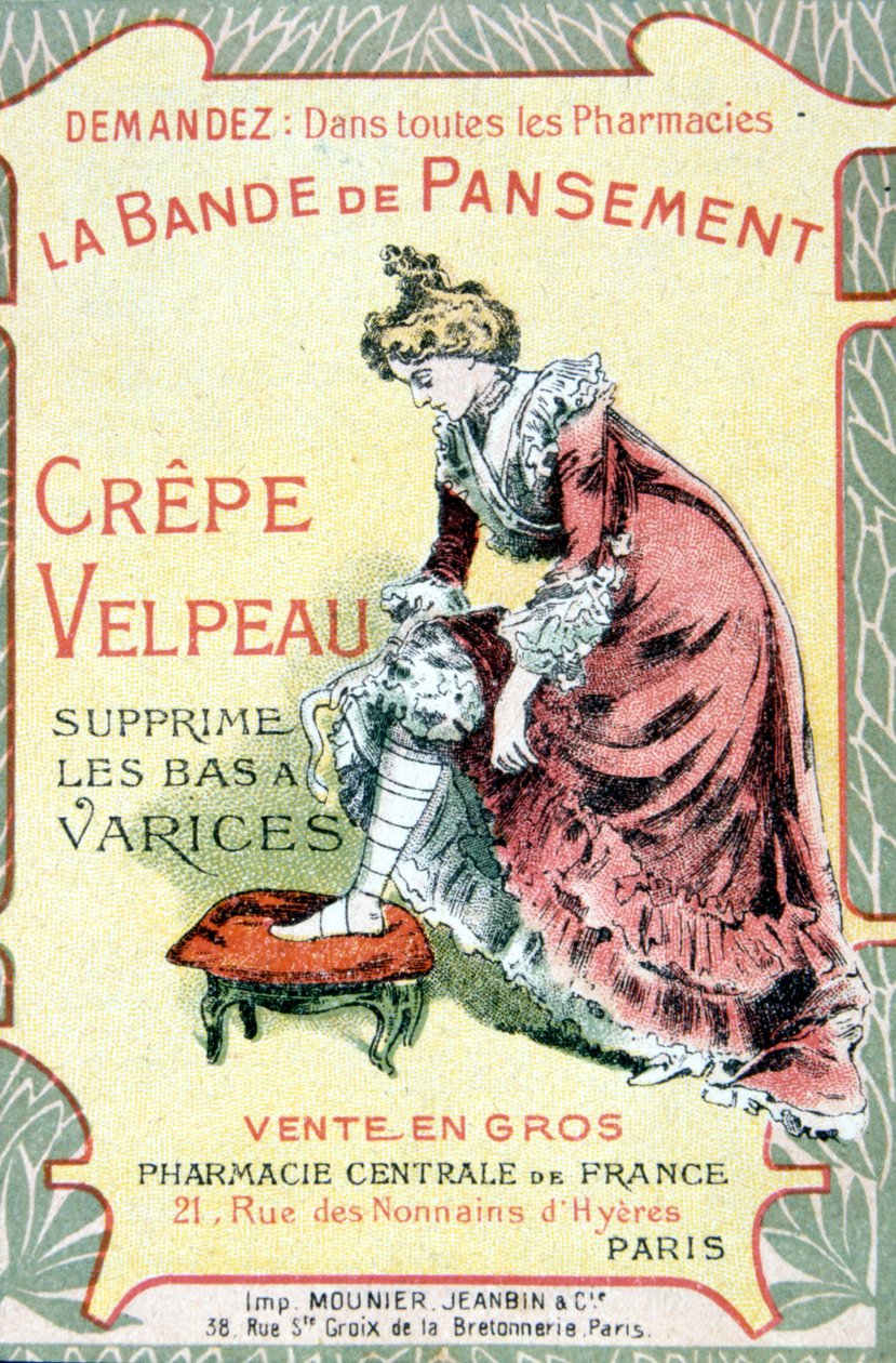 ““Velpeau 绉纱敷料带去除静脉曲张丝袜”的广告牌。 标准差 19 世纪。 作者 法语学校