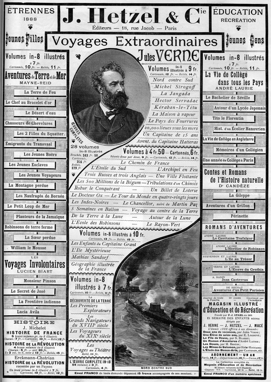 儒勒-凡尔纳小说的广告接近1887年年底，编辑J.Hetzel。 作者 法语学校