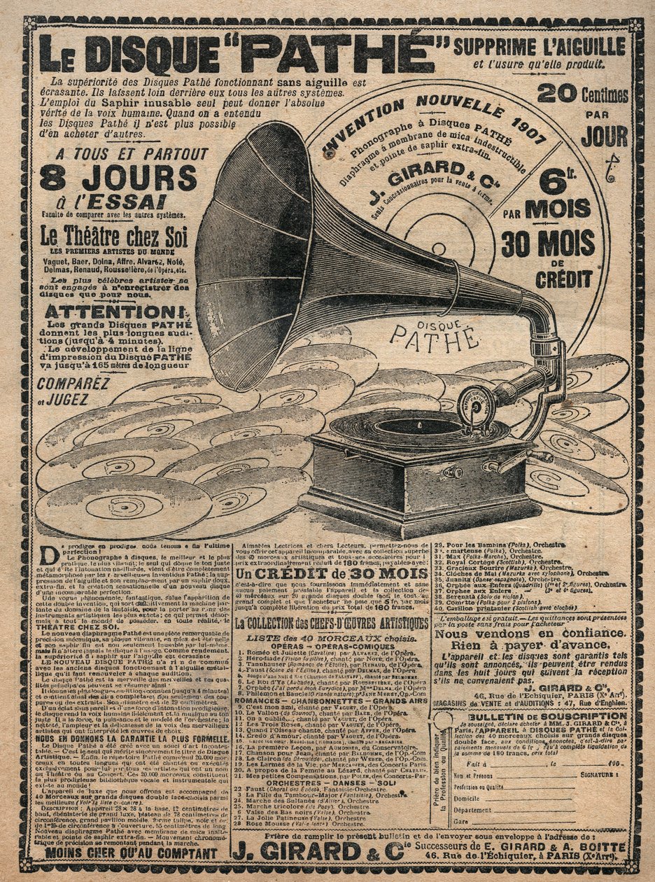 1907年留声机广告 "Pathe"--Le disque pathe ----。 作者 法语学校