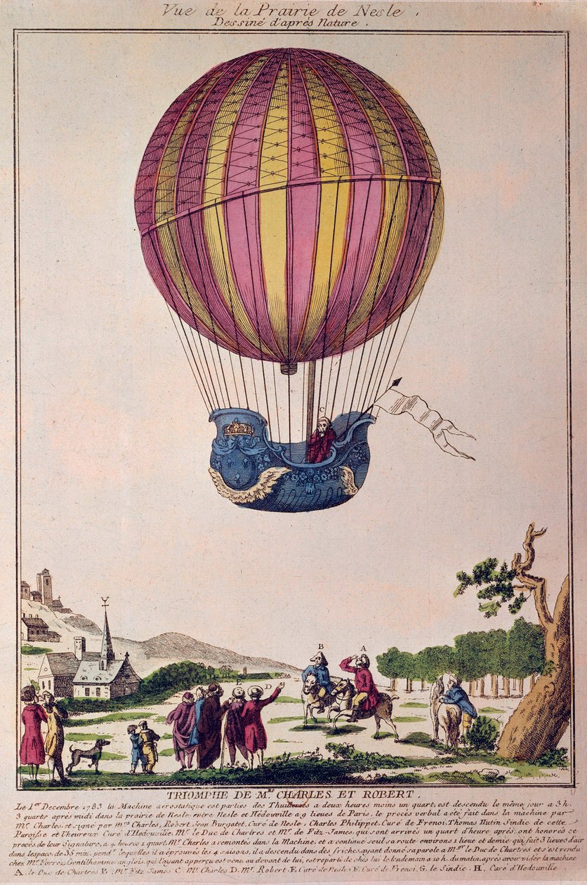 航空气球：第二次尝试乘坐气球飞行。1783 年 12 月 1 日，查尔斯和罗伯特在乘坐氢气球旅行后，降落在巴黎附近的内斯尔草原。18 世纪的雕刻作品。 作者 法语学校