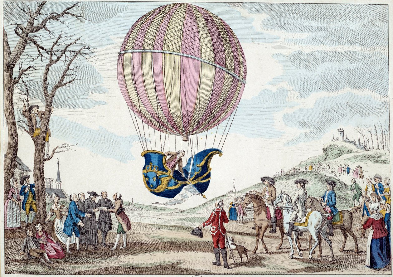 航空气球：第二次尝试乘坐气球飞行。1783 年 12 月 1 日，查尔斯和罗伯特在巴黎附近的奈斯勒草原登上氢气球。18 世纪匿名印刷品。巴黎，装饰艺术 作者 法语学校