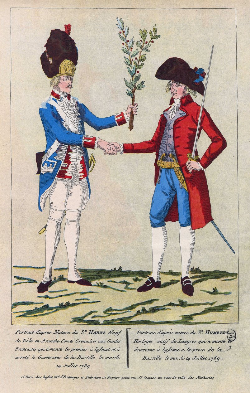 掷弹兵Sieur Harne和钟表匠Sieur Humbert的自然肖像。他们是 1789 年 7 月 14 日攻占巴士底狱时最先遭到攻击的人。1790 年的版画。 作者 法语学校