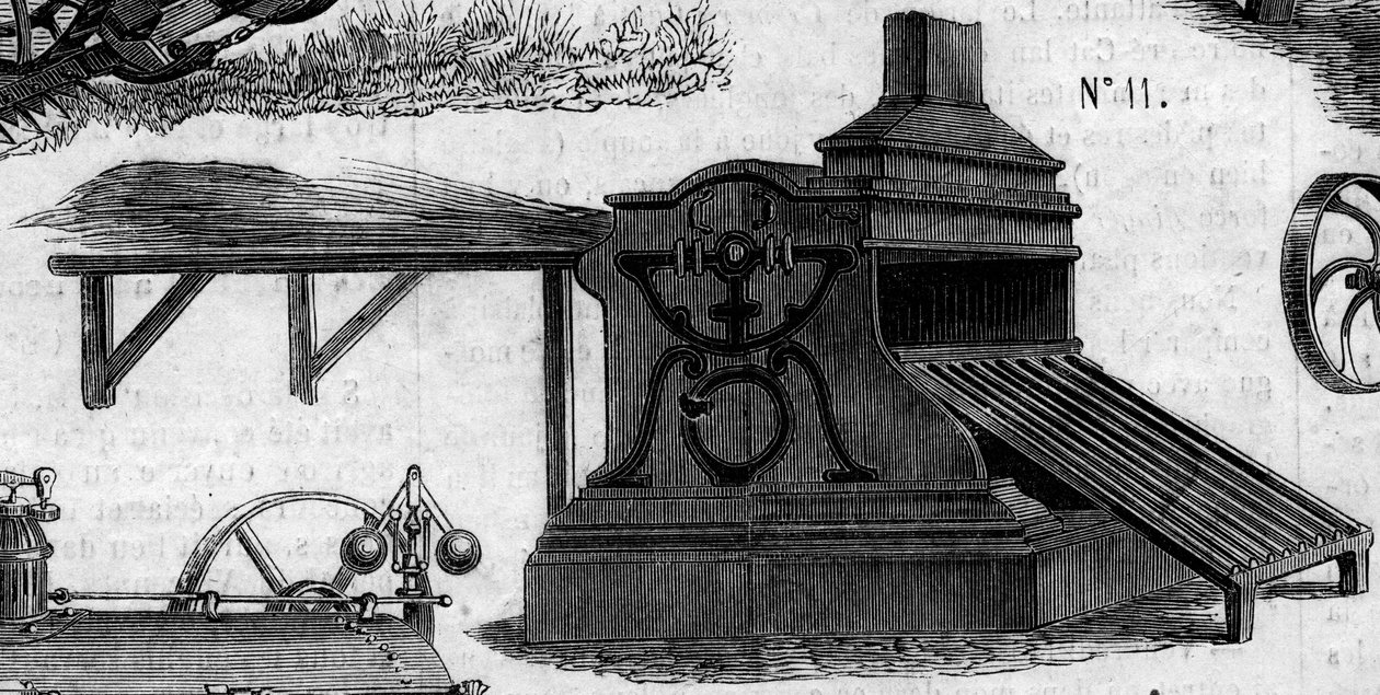 农业机械：1860年在巴黎农业竞赛中展示的脱粒机。1860年7月7日《世界画报》第169期上的版画。 作者 法语学校