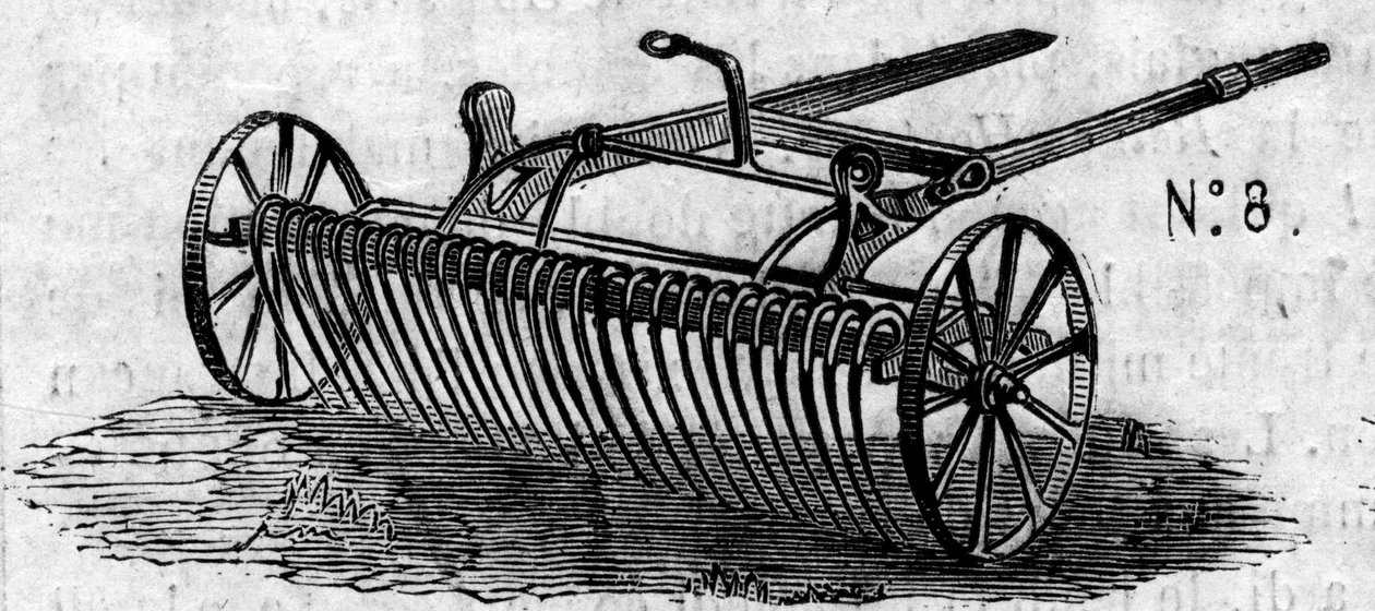 Agricultural machine: an English horse rake presented at the Paris agricultural competition in 1860. Engraving in “” Le Monde Illustré”” n°169 of 7 July 1860. 作者 法语学校