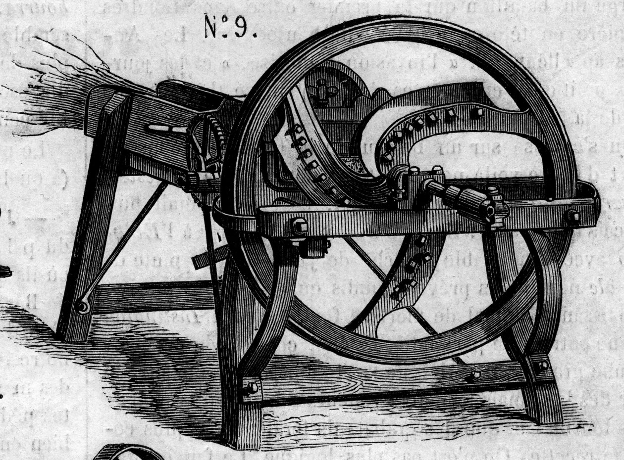 Agricultural machine: an English straw axe presented at the Paris agricultural competition in 1860. Engraving in “” Le Monde Illustré”” n°169 of 7 July 1860. 作者 法语学校