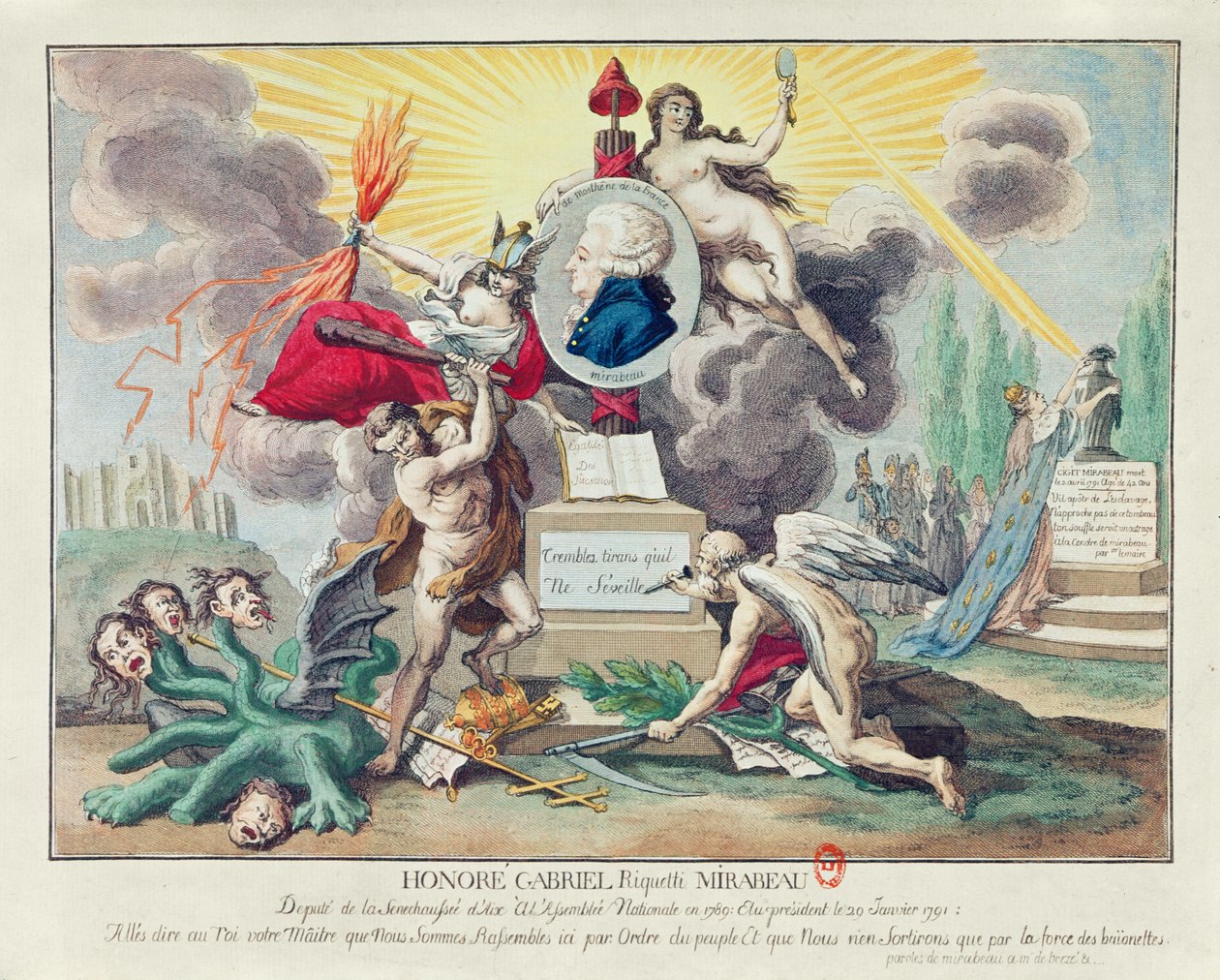 Mirabeau死亡的寓言。 1791（彩色雕刻） 作者 法语学校