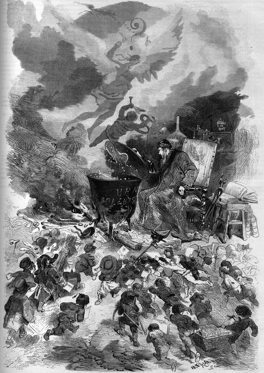 1870年拿破仑三世的公民投票的寓言故事。全民公决的投票箱变成了一个锅，里面炖着民众的投票。火是由法国宪法这棵老树的枯木提供的。埃德蒙-莫兰在《世界插图》中的版画。 作者 法语学校