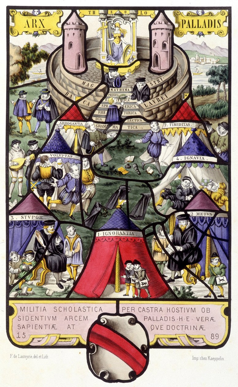 大学的寓言。 费迪南德·德·拉斯泰里 (Ferdinand de Lasteyrie) 的“玻璃绘画史”中中世纪的 Fac simile d