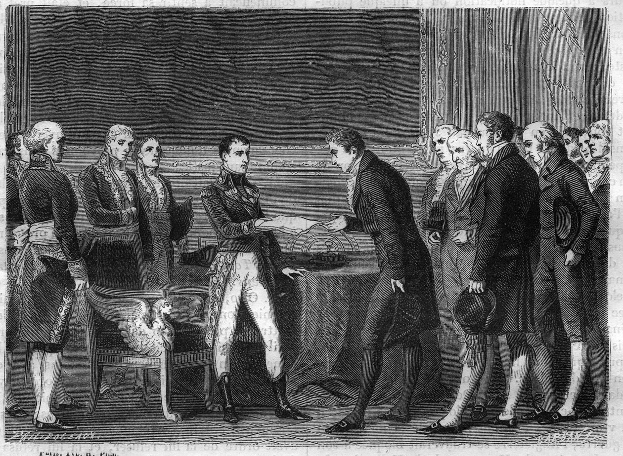 1802年11月，第一执政官波拿巴向海尔维第共和国的瑞士代表颁发调停书--来自路易-阿道夫-梯也尔的《领事馆和帝国史》的版画--波拿巴颁发调停书 作者 法语学校