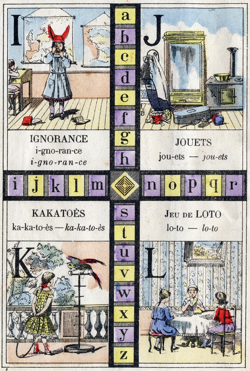 字母表和字母 I J K 和 L、无知、玩具、kakatoes 和乐透游戏。 小女孩的ABC。 脑脊液成像 作者 法语学校