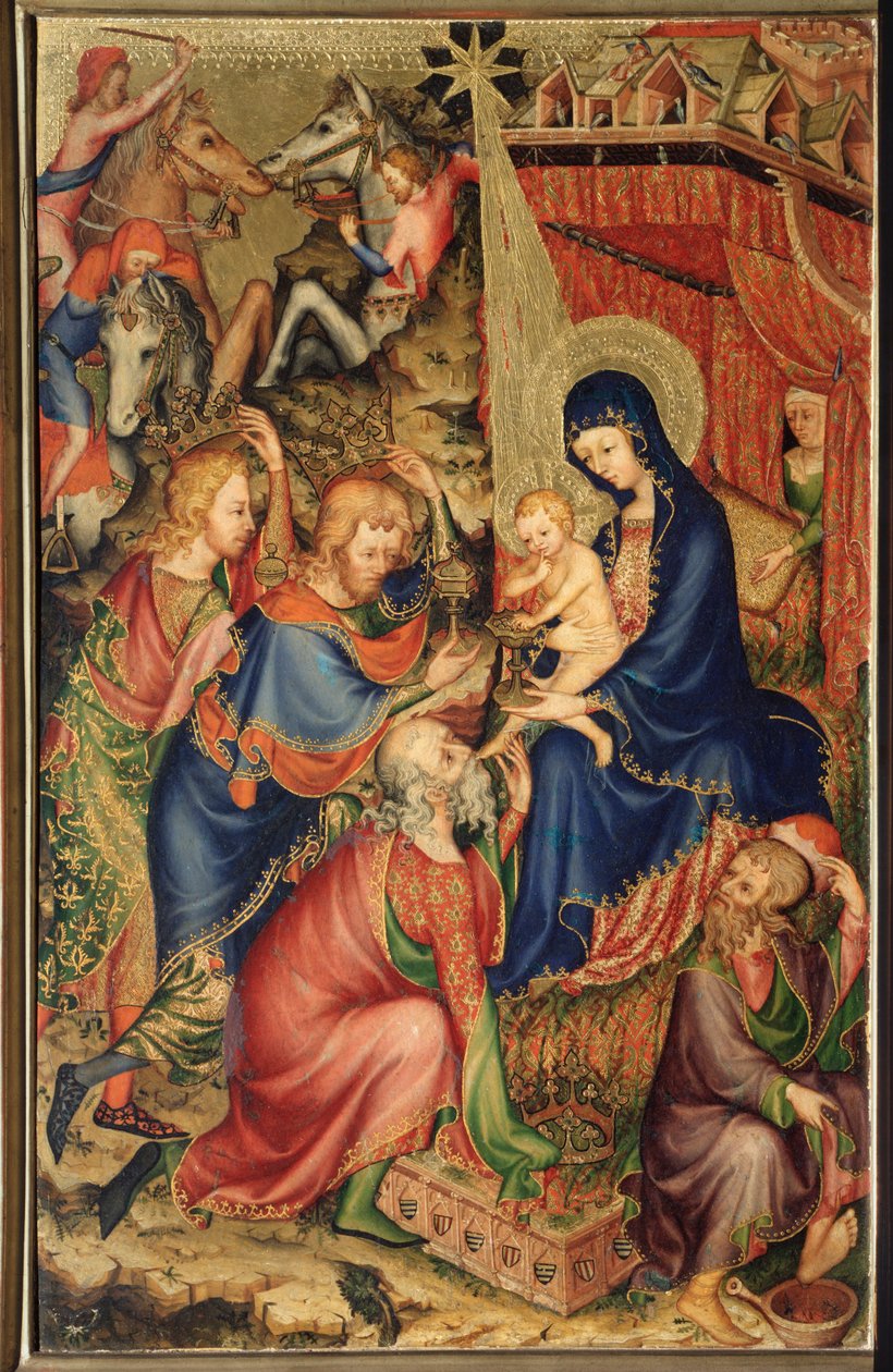 Altarolo del Bargello：贤士的崇拜 -（巴杰罗的双联画，贤士的崇拜）14世纪法国学校（法国学校，十四世纪）的匿名绘画佛罗伦萨，Museo Nazionale del Bargello 作者 法语学校