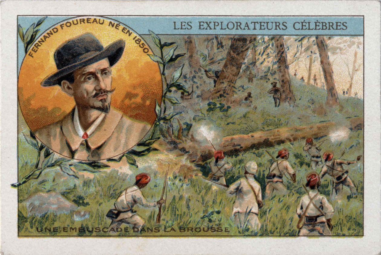 Ambush in the African bush during an expedition by the French explorer Frenand Fourreau (1850 - 1914). Chromolithography of the 19th century. 作者 法语学校