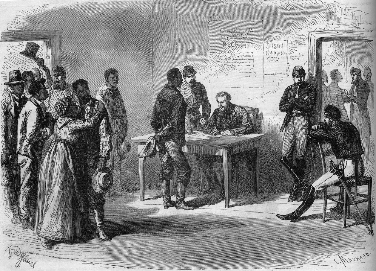 美国南北战争（1861-1865）。黑人志愿者进入格兰特将军的军队（北欧）。 作者 法语学校
