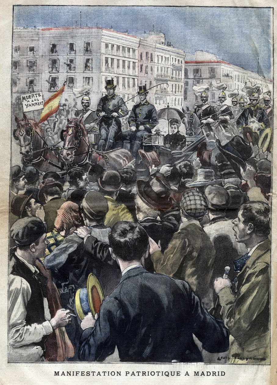 美国伊斯帕诺战争（或1898年的灾难）--1898年在马德里举行的爱国主义示威，西班牙玛丽-克里斯蒂娜女王（1858-1929）在场--1898年 "小吉伦特 "上的雕刻。 作者 法语学校
