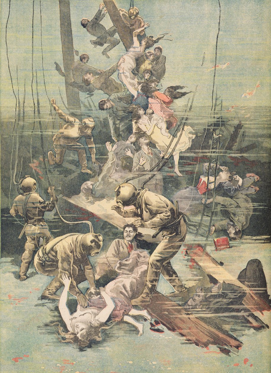在桑坦德发生事故，潜水员寻找受害者的尸体，来自&39;Le Petit Journal&39;的插图，1893年11月25日 作者 法语学校