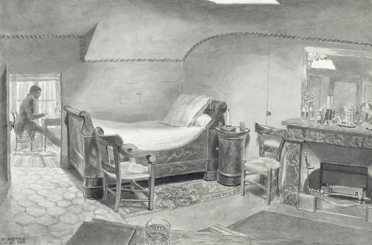 巴黎艺术家的阁楼内部，1830年（笔和棕褐色墨水和纸张上的棕褐色） 作者 法语学校