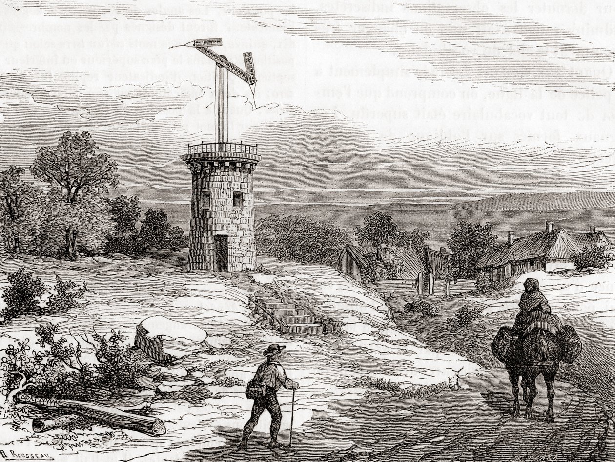 An aerial telegraph post in the 18th century, from Les Merveilles de la Science, published c.1870 (engraving) 作者 法语学校