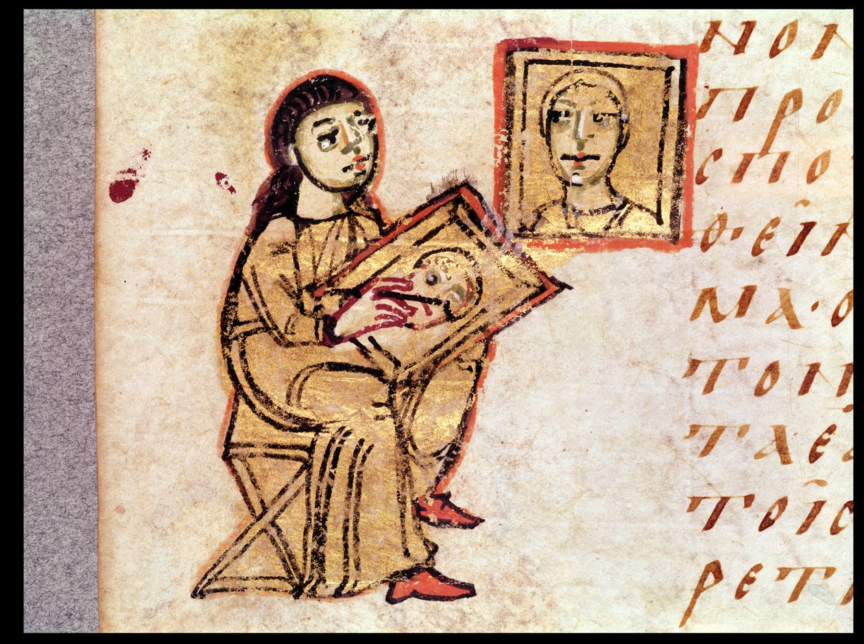 一位艺术家复制一幅画，来自Sacra Parallela by St. John Damascene（dc754） 作者 法语学校