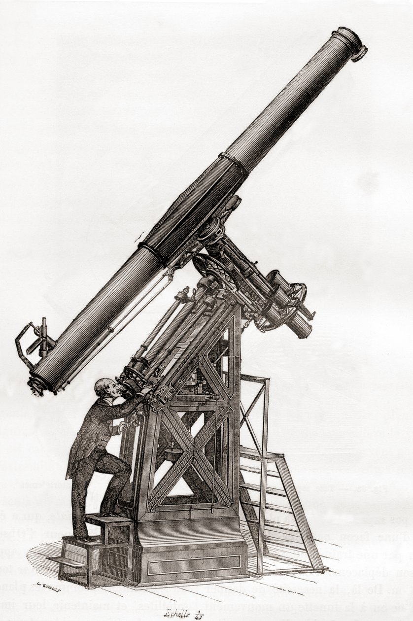 19 世纪法国巴黎天文台的赤道望远镜，出自 Les Merveilles de la Science，约 1870 年出版（版画） 作者 法语学校